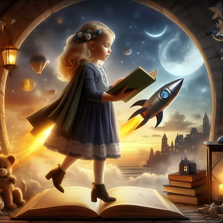 Cute little girl reading a fairy tale book with a rocket flying around the castleの素材
