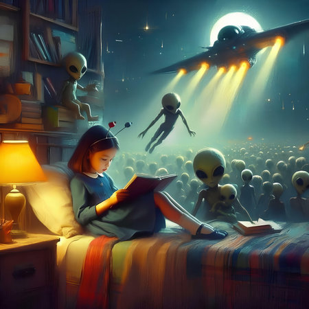 Girl reading a book on the bed with a flying plane in the backgroundの素材