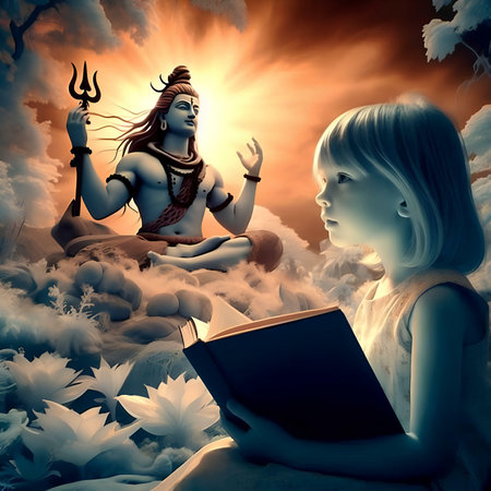 Girl reading a book in a fantasy landscape with the goddess Durgaの素材