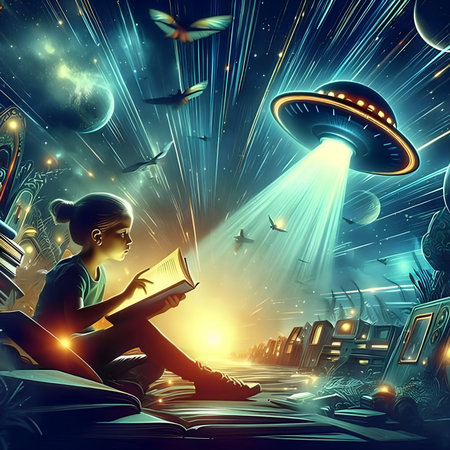 Little girl reading a book and flying saucer in the night skyの素材