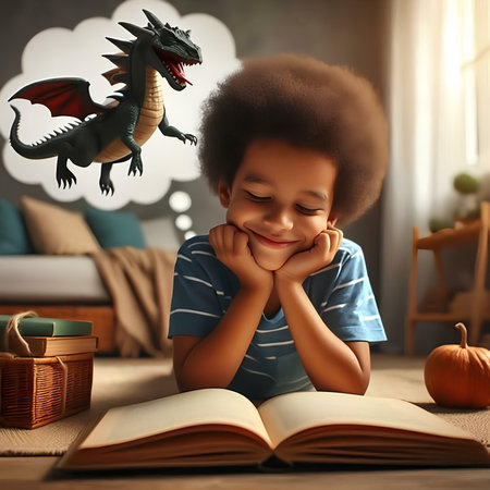 Cute little African-American boy reading book while preparing for Halloween at homeの素材