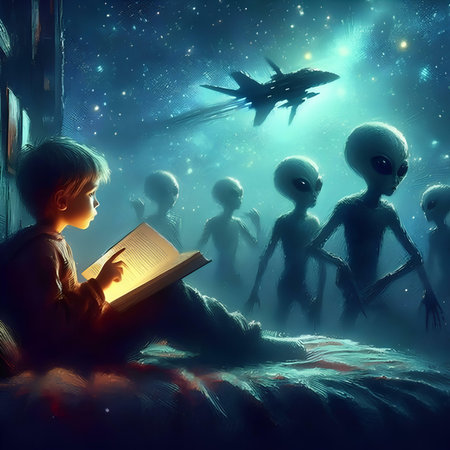 Little boy reading a book in the dark. Fantasy illustration. 3D rendering.の素材