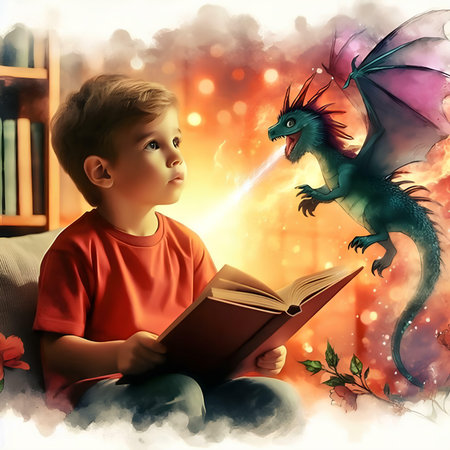 Little boy reading a fairy tale with a dragon. Fairytale.の素材