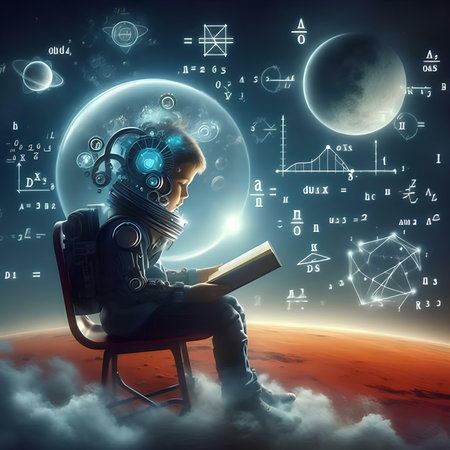 Cute little boy reading a book while sitting in an astronaut's chair on the background of the planet.の素材