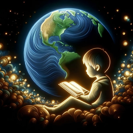 Boy reading a book on the background of the planet. Vector illustration.の素材