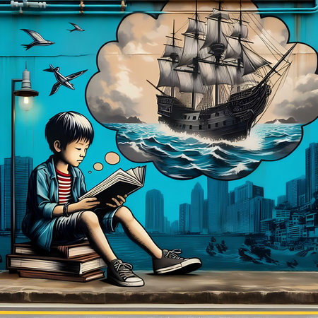 Boy sitting on a stack of books and reading a book with a pirate ship in the backgroundの素材