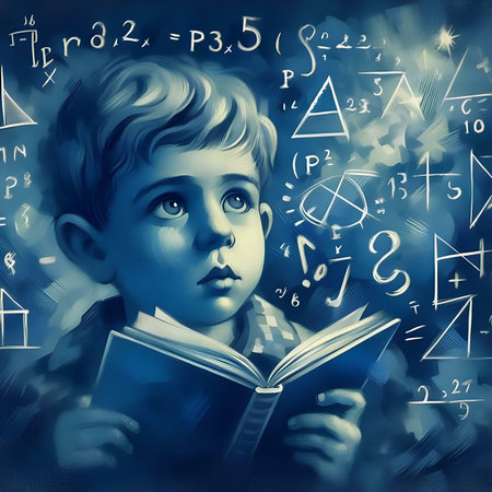 Portrait of a boy with a book in his hands and formulas on the backgroundの素材