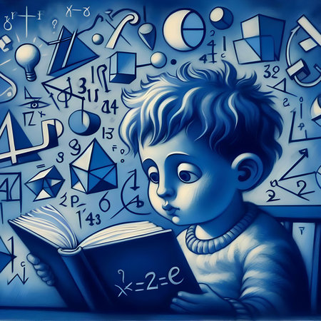 Little boy reading a book on a blue background with formulas and symbolsの素材