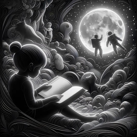 Girl reading a book in front of the full moon. Paper cut illustration.の素材