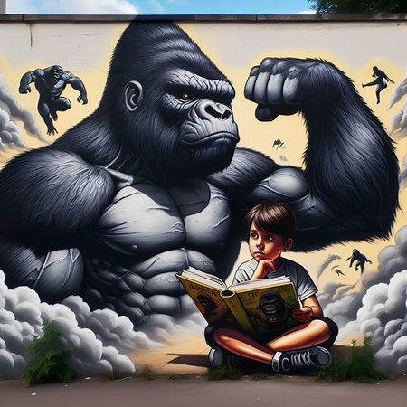 Gorilla reading a book in front of a graffiti wall.の素材