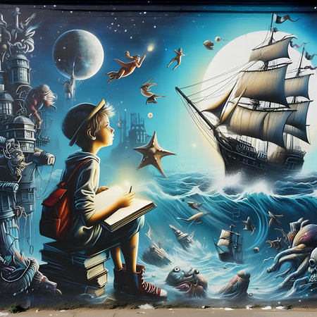 The girl reads a book on the background of the sea and the ship. Illustrationの素材