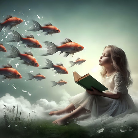 Little girl sitting on the grass and reading book with flying goldfishの素材