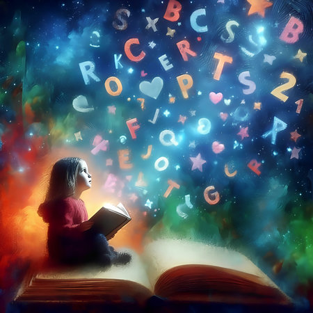 Little girl reading a book with flying letters coming out of the pagesの素材