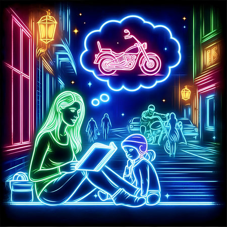 Mother and child sit on the street in the night and read a book. Vector illustration.の素材