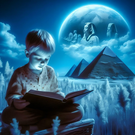 Boy reading a book in front of the Egyptian pyramids, 3d illustrationの素材