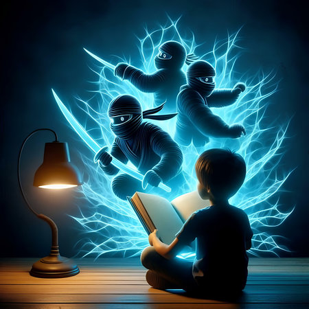 Little boy reading a book with a knight on the background of lightningの素材