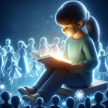 Young girl reading a book in front of a group of people.の素材