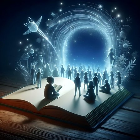 Open book with people sitting on it and magic light. 3D renderingの素材