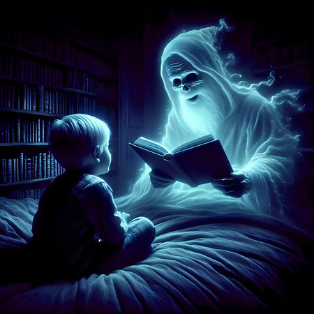 Little boy reading a magic book with a ghost in the background.の素材