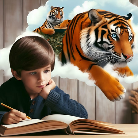 Little boy with a book and a tiger on the background of cloudsの素材