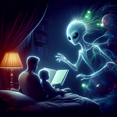 alien and child in the bedroom. 3d rendering with DOFの素材