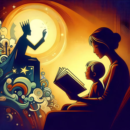 Mother reading a book with her son, illustration in vector format.の素材