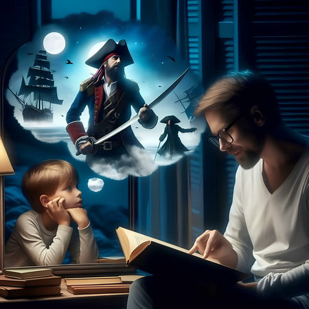 Young man reading a fairy tale to his mother and son at nightの素材