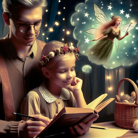 Cute little girl and her handsome father reading a fairy tale.の素材