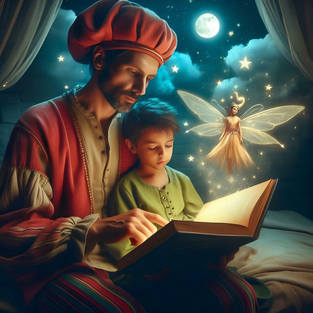 Father and son are reading a magic book in the night sky.の素材