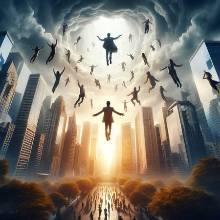 Business people jumping in the sky with clouds and sunlight. Mixed mediaの素材