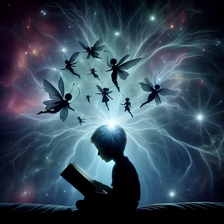 Little boy reading book in fantasy space. Fantasy and imagination. 3D renderingの素材