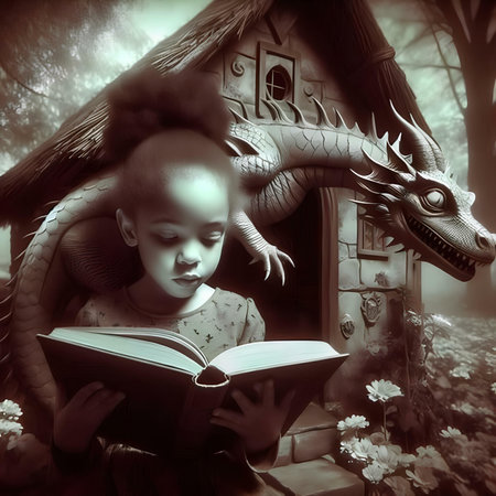 Little girl reading a fairy tale in the magic forest. Halloween.の素材