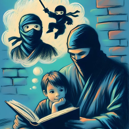halloween illustration of a family with a child reading a book.の素材
