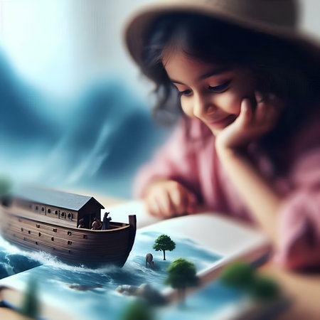 Little girl reading a book with a wooden ship on the background.の素材