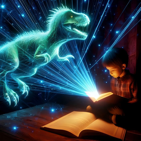 Little boy reading magic book with dragon flying out of pages on dark backgroundの素材