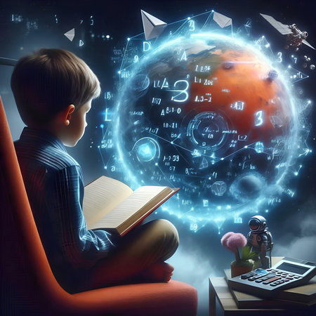 Little boy sitting in armchair and reading book. Elements of this image furnished by NASAの素材