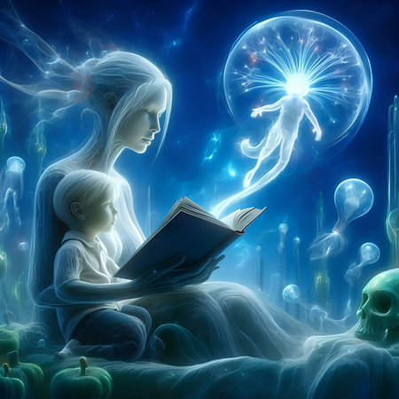 Mother reading a book to her daughter in a magical space. 3D illustration.の素材