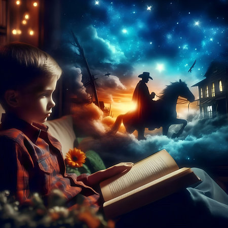 Little boy reading a book at night. Fairytale. Halloween.の素材
