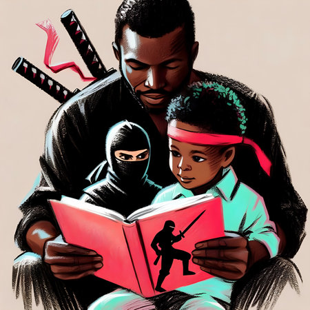 African american father and daughter reading a book. Conceptual illustration.の素材
