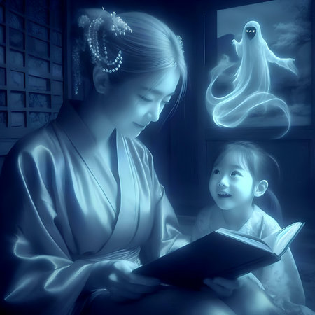 Mother reading a book to her daughter in the dark room, 3d illustrationの素材