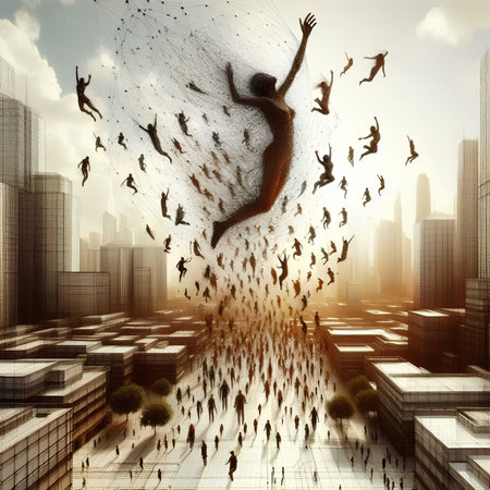 Silhouette of a man jumping over the city. 3D renderingの素材