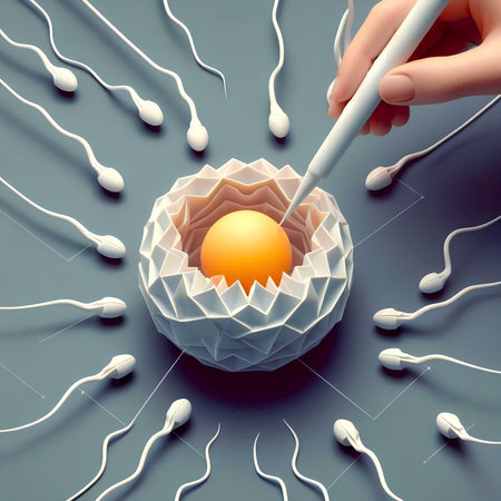 Conceptual image of spermatozoons and egg with human handの素材