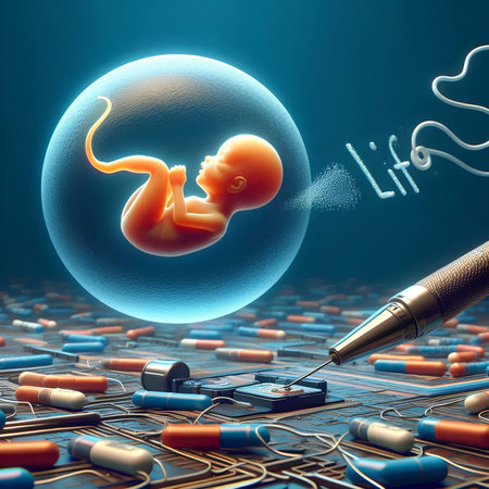 Human fetus and spermatozoons in digital background. 3d illustrationの素材