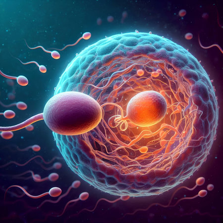 Sperm and egg cell - 3D illustration of sperm and egg cell in colored backgroundの素材