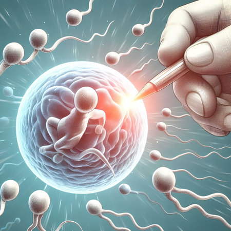 Sperm and egg cell on scientific background. 3d illustration.の素材