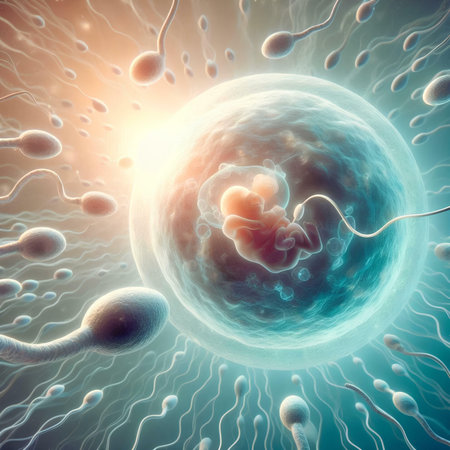 Sperm and egg cell on scientific background. 3D illustration.の素材