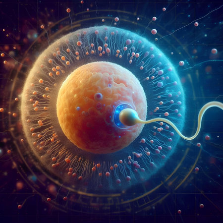 sperm and egg cell in space. 3d illustration of sperm and egg cell in spaceの素材