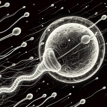 Sperm and egg cell on the black background. 3d illustrationの素材