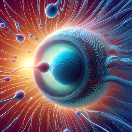 Sperm and egg cells. 3D illustration of sperm and egg cell for medical backgroundの素材