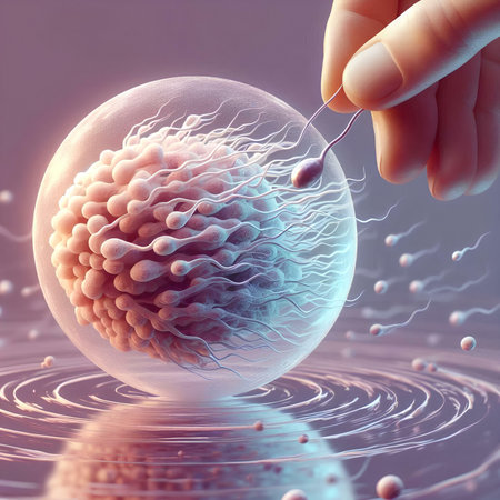 Human hand holding sperm cell in egg cell, 3d illustration.の素材